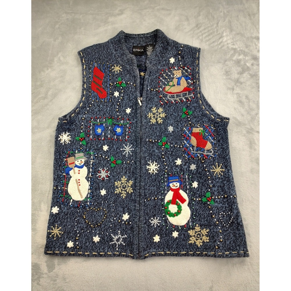 Erika Women's Blue Holiday Snowman Sledding Bear Ugly Christmas Vest Sweater M